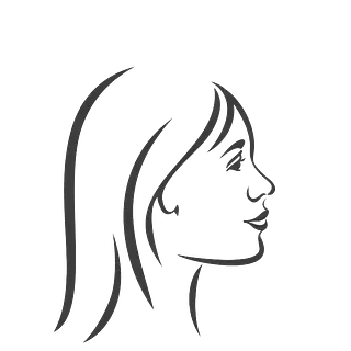 Dibujo lineal del perfil de una mujer con cabello largo, mirando hacia la derecha.