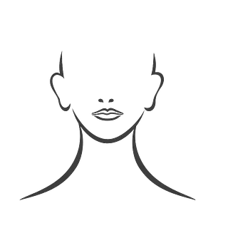 Dibujo lineal de una cara y un cuello, con orejas, nariz y labios, con un espacio en blanco donde estarían los ojos y la frente.
