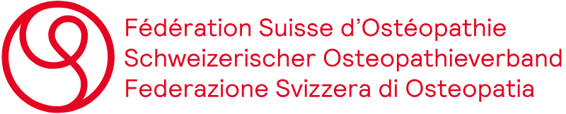 Logo der Schweizerischen Osteopathieföderation mit rotem Kreisemblem und dreisprachigem Text auf weißem Hintergrund