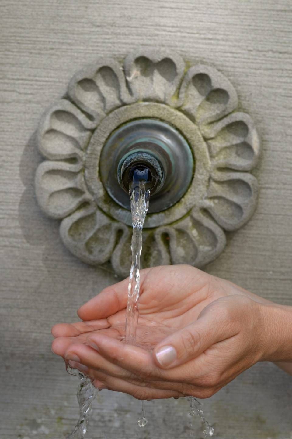 Die Hände, die zu einer Schale geformt sind, fangen einen klaren Wasserstrahl auf, der aus einem kunstvoll verzierten, runden Steinbrunnen fliesst.