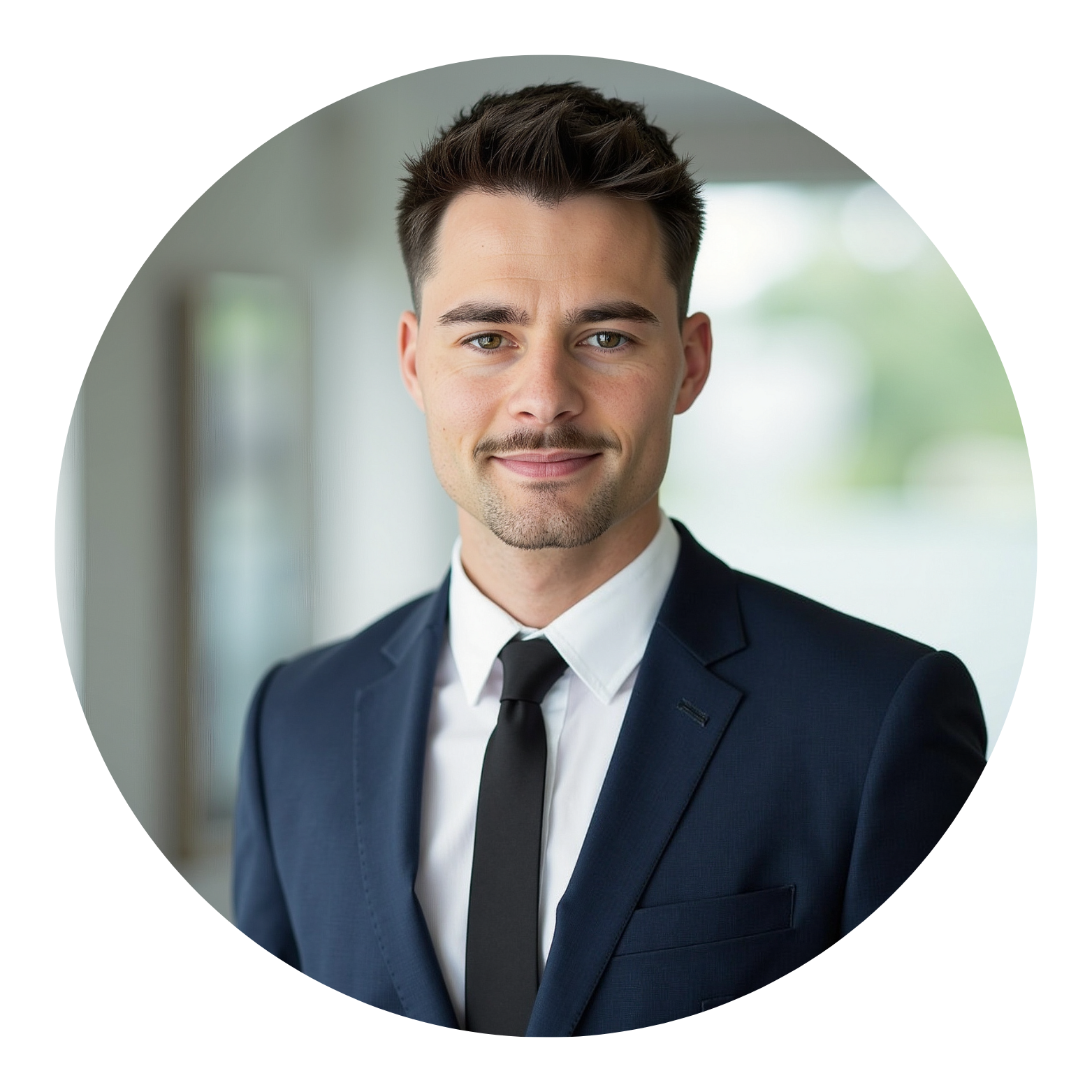 Ein Mann im Anzug mit Krawatte lächelt. Verschwommener Hintergrund.