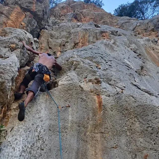 Un hombre está escalando una pared de roca sin camisa.