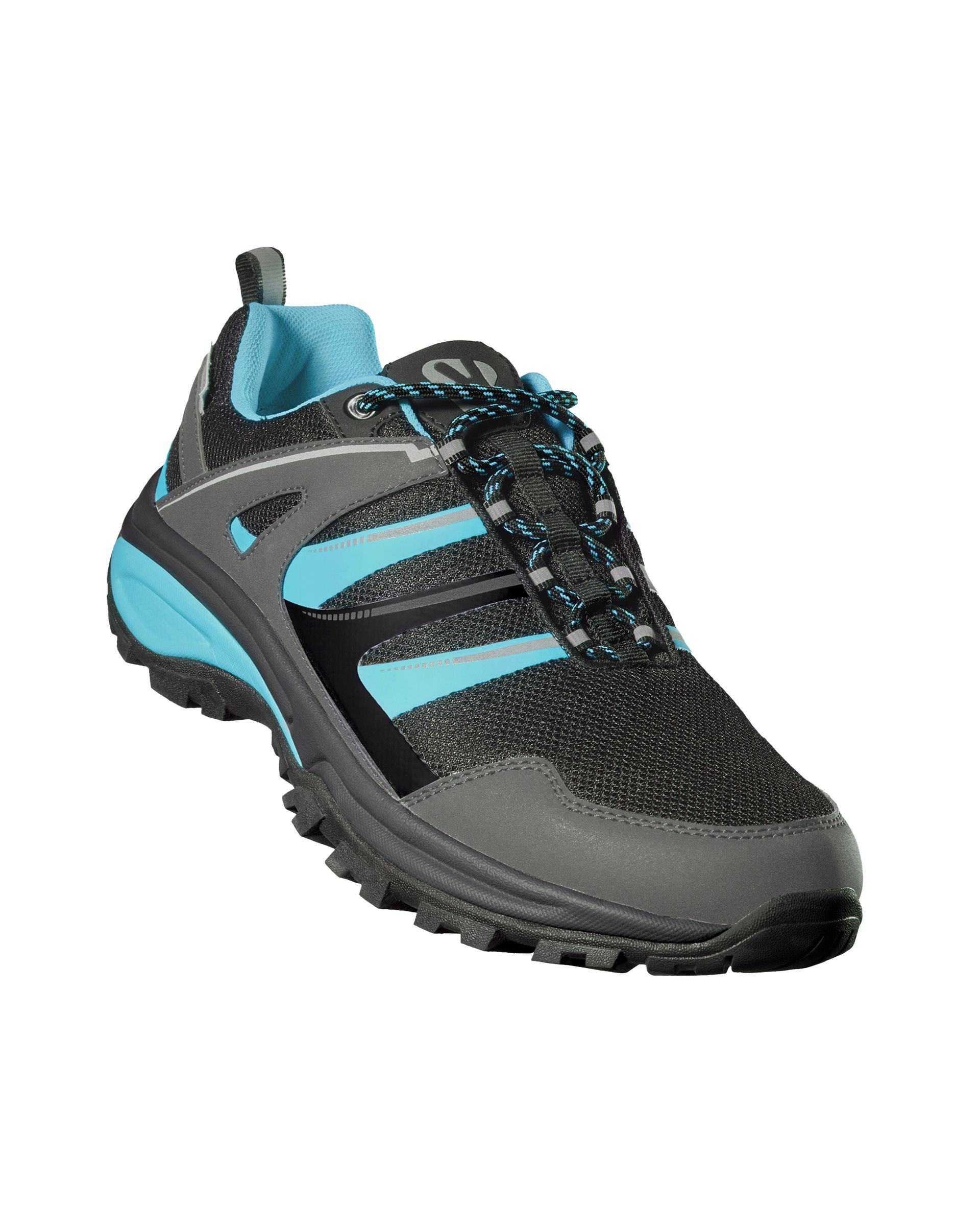 Un par de zapatos negros y azules sobre un fondo blanco.