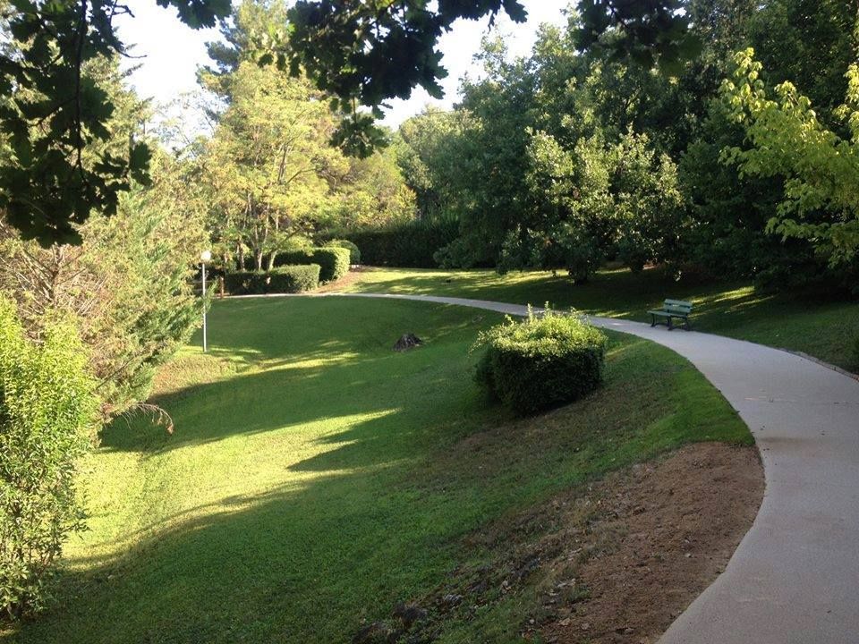 Parc avec un chemin de béton sinueux, de l'herbe verte, des arbres et des buissons taillés avec soin.