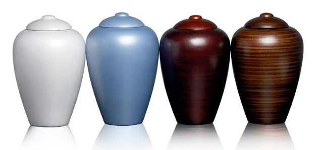Cuatro urnas de diferentes colores están alineadas en fila sobre un fondo blanco.
