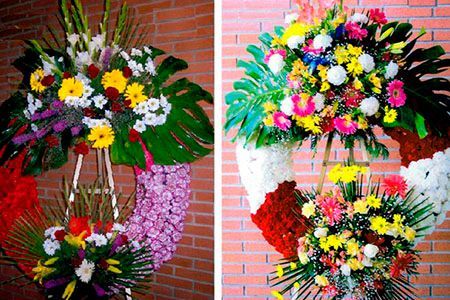 Hay dos imágenes de flores en una pared de ladrillos.