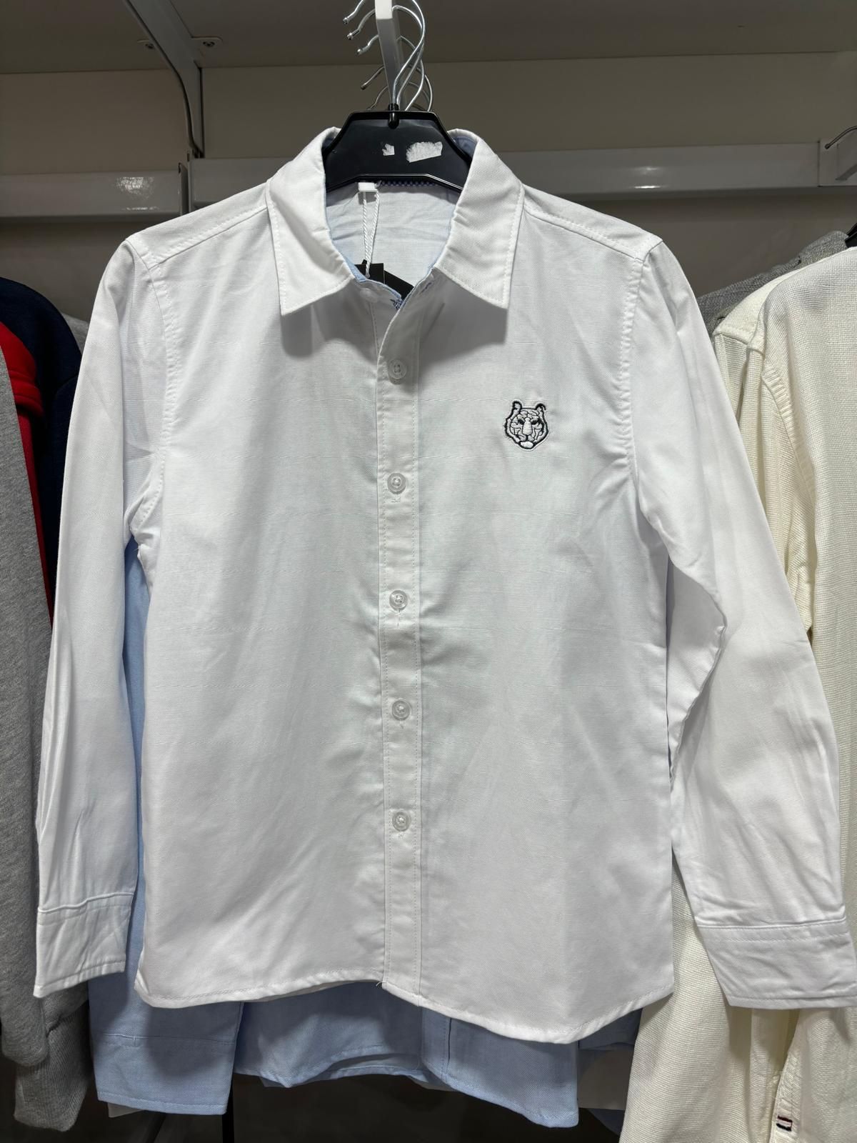 Una camisa blanca está colgada en una percha en un armario.