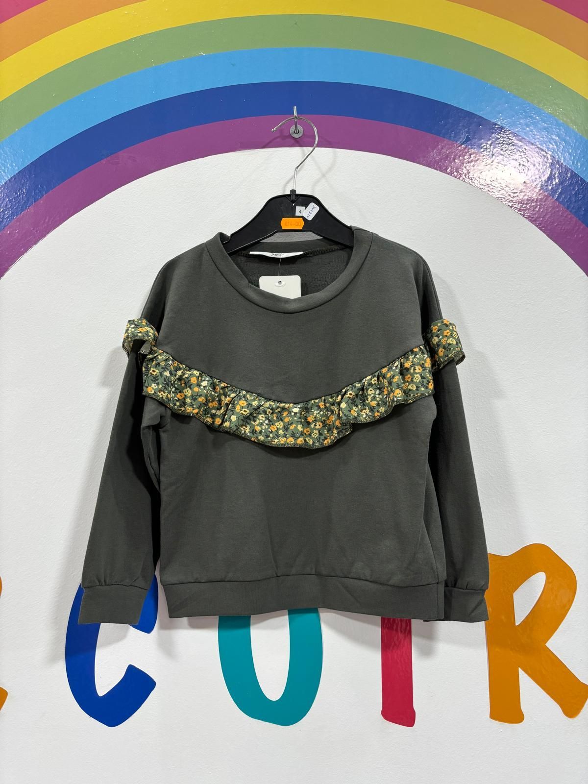 Un suéter con volantes cuelga de una percha frente a un arcoíris.