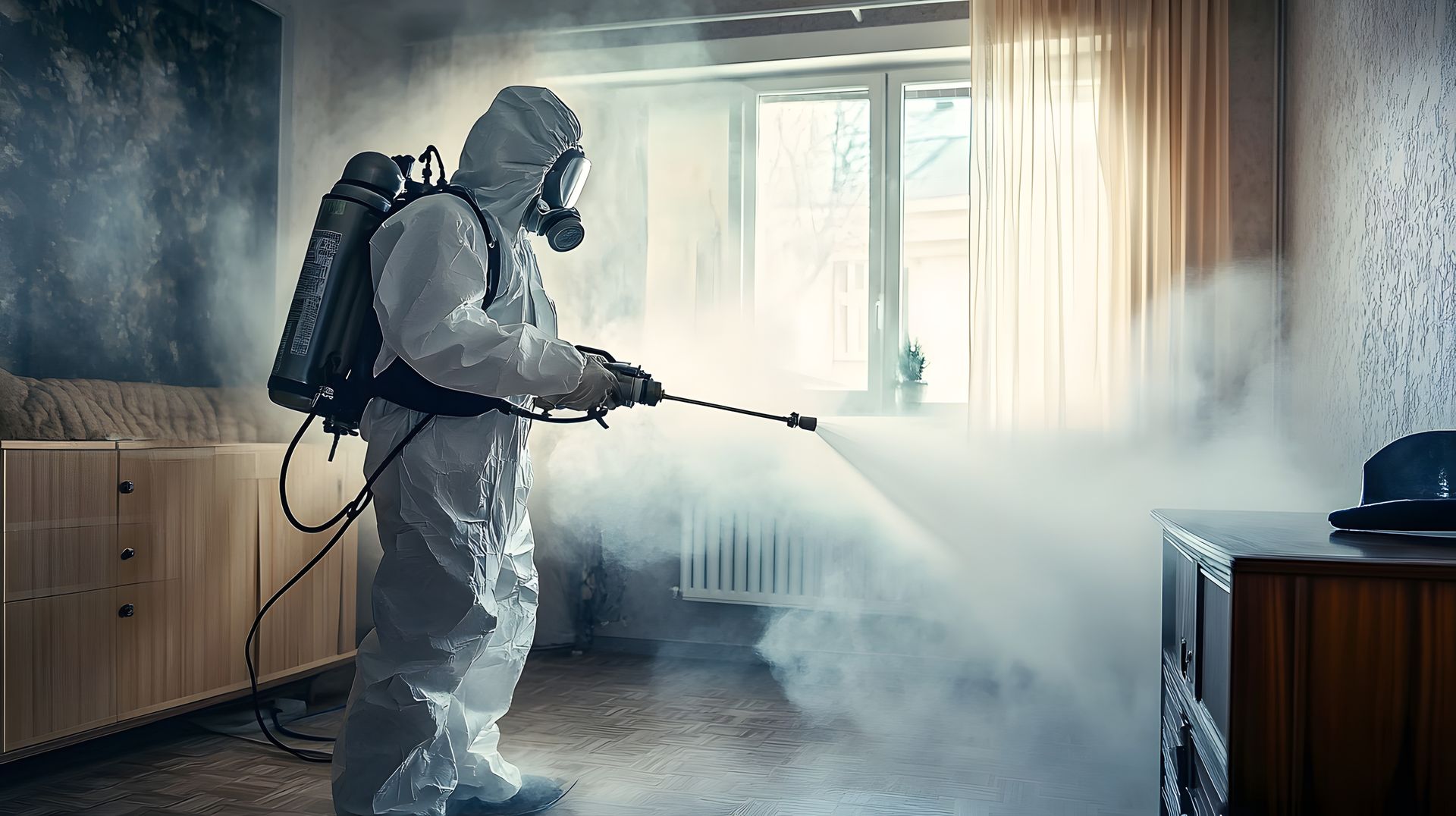 Une personne traitant une pièce avec un spray.