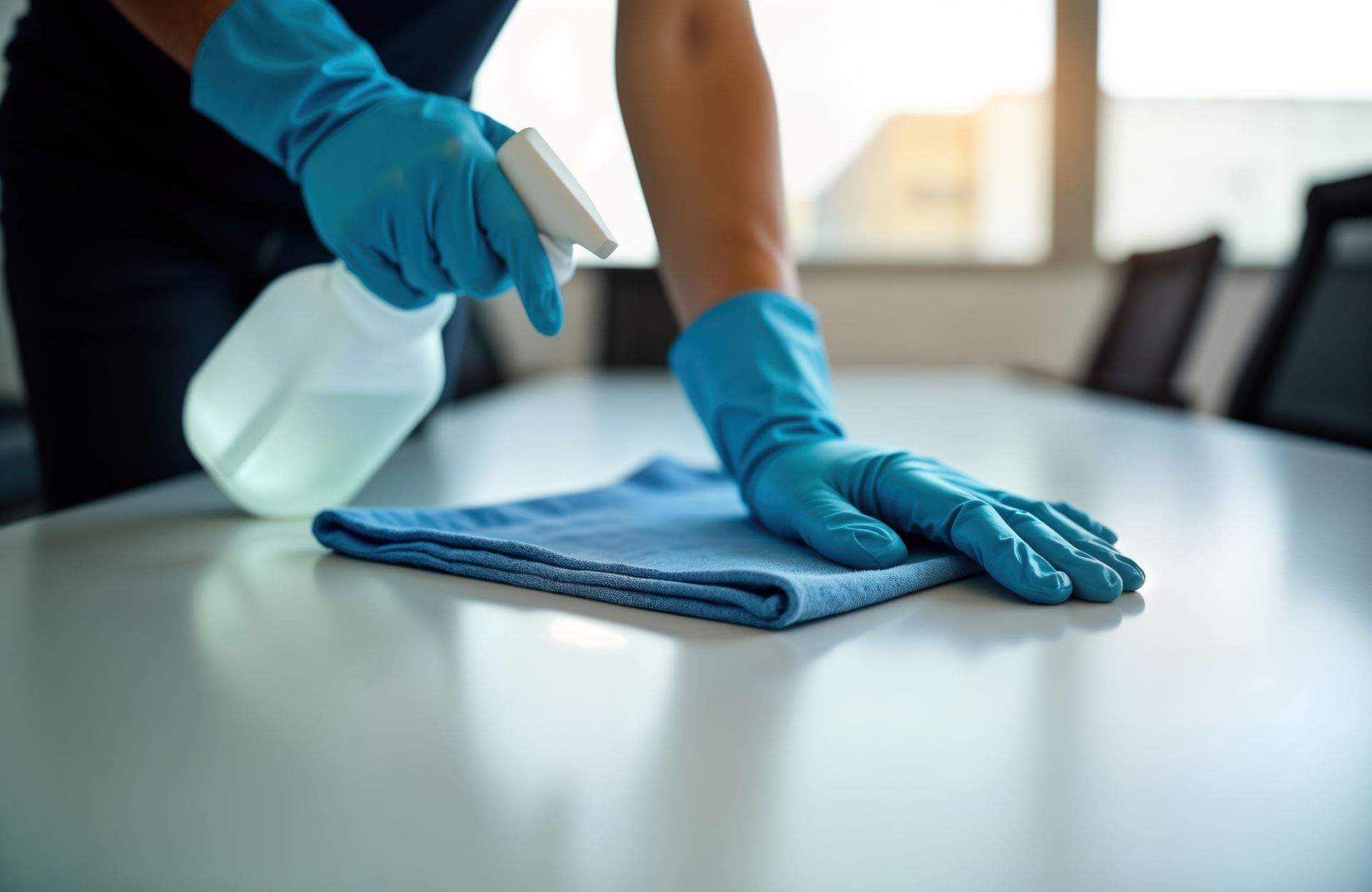 Une personne nettoyant une table.