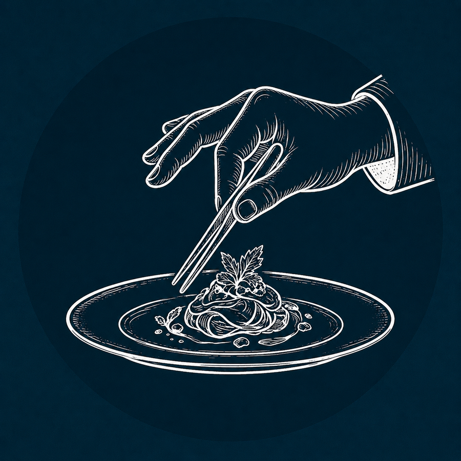 Dibujo lineal blanco de una mano emplatando comida con pinzas sobre un fondo azul oscuro.