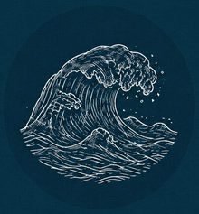 Ondas blancas dibujadas con líneas sobre un fondo azul oscuro.
