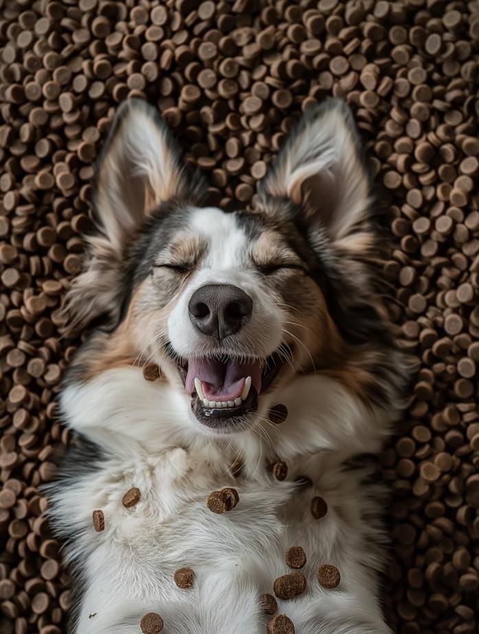 Perro feliz acostado en comida para perros, con los ojos cerrados y la boca abierta en una sonrisa.