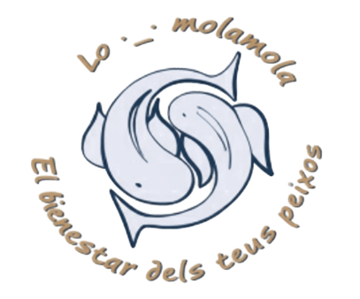 Dos peces de color azul claro entrelazados en un c&iacute;rculo, con un texto en un anillo alrededor de ellos 