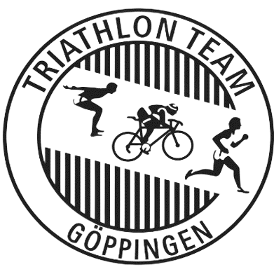 Logo für das Triathlon-Team Göppingen: Darstellung von Schwimm-, Rad- und Laufsportlern in einem Kreis.