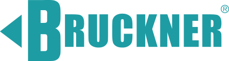 Blaugrünes Logo mit dem Wort „BRUCKNER“. Das „B“ ist in einem größeren Blaugrün gehalten. Ein blaugrünes Dreieck zeigt nach links.