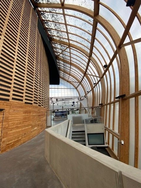 Passerelle piétonne incurvée en bois avec un toit en arc de verre et des murs en béton à l'intérieur d'un bâtiment moderne