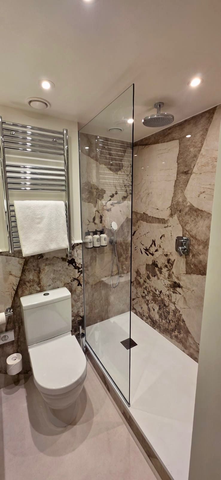 Salle de bains moderne avec toilettes, sèche-serviettes chauffant et douche à l'italienne carrelée en pierre.