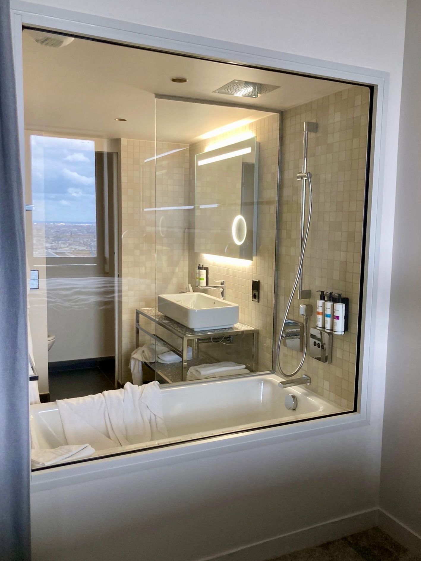 Salle de bains avec grande baie donnant sur la baignoire, la douche, le lavabo et le miroir.