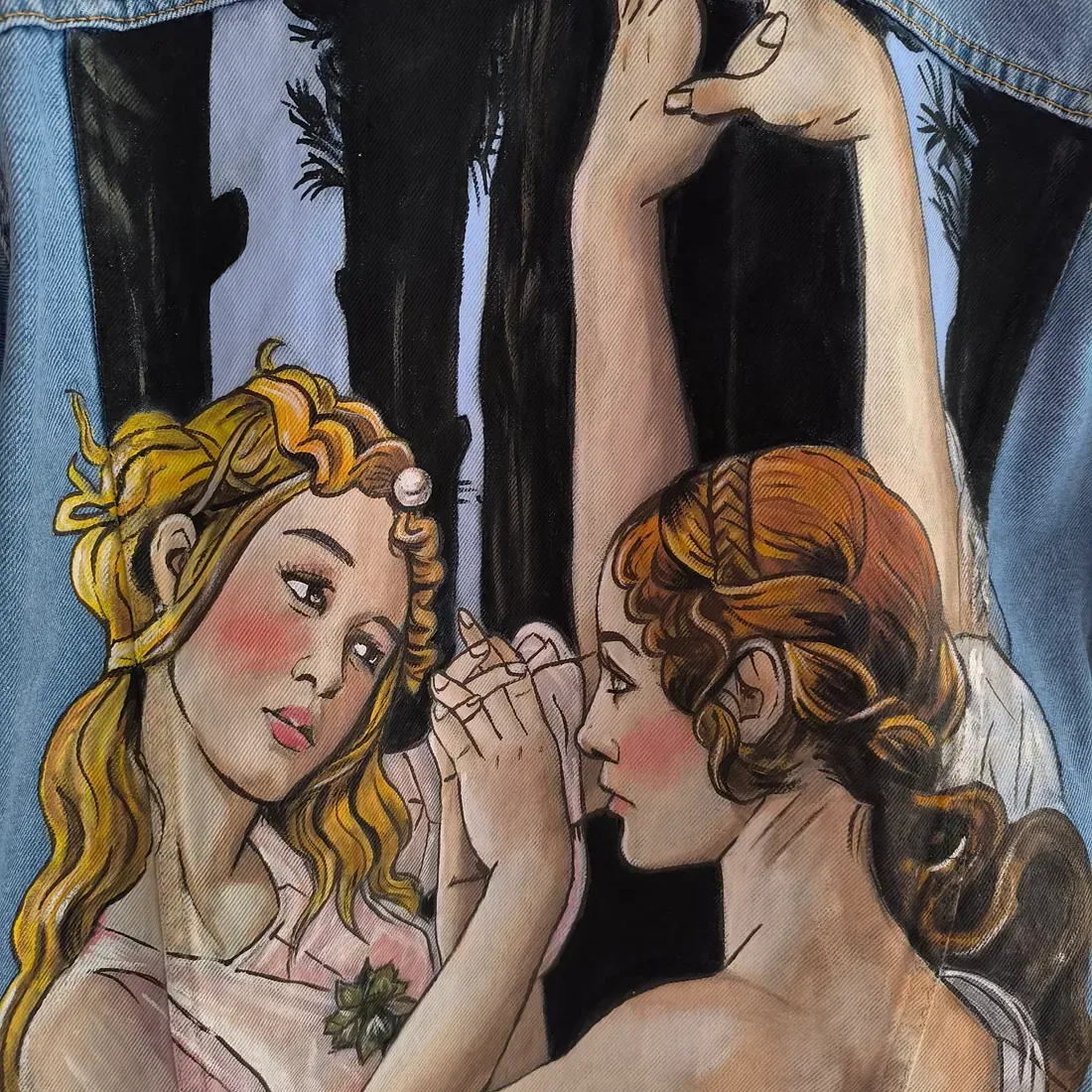 Un cuadro de dos mujeres paradas una al lado de la otra.