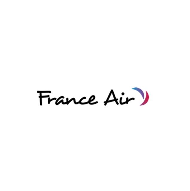 Logo de France Air avec texte noir et un croissant rouge et bleu sur fond blanc