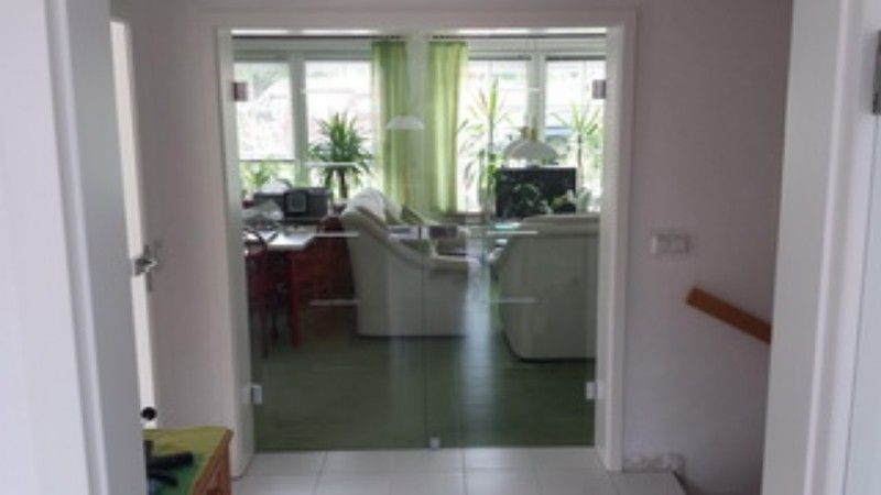 Ein Flur mit Glastür, der zu einem Wohnzimmer führt.