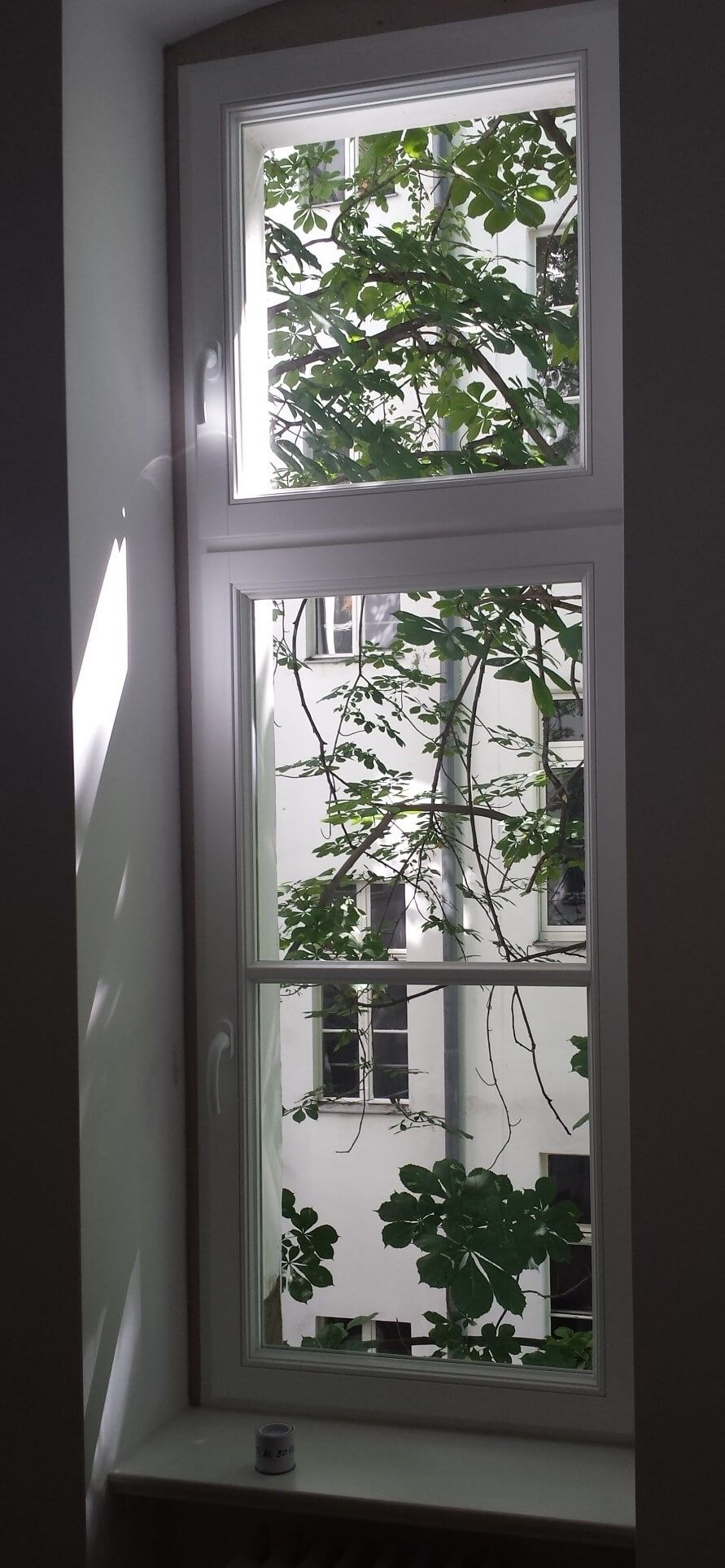 Ein Fenster mit Blick auf ein Gebäude und Bäume.