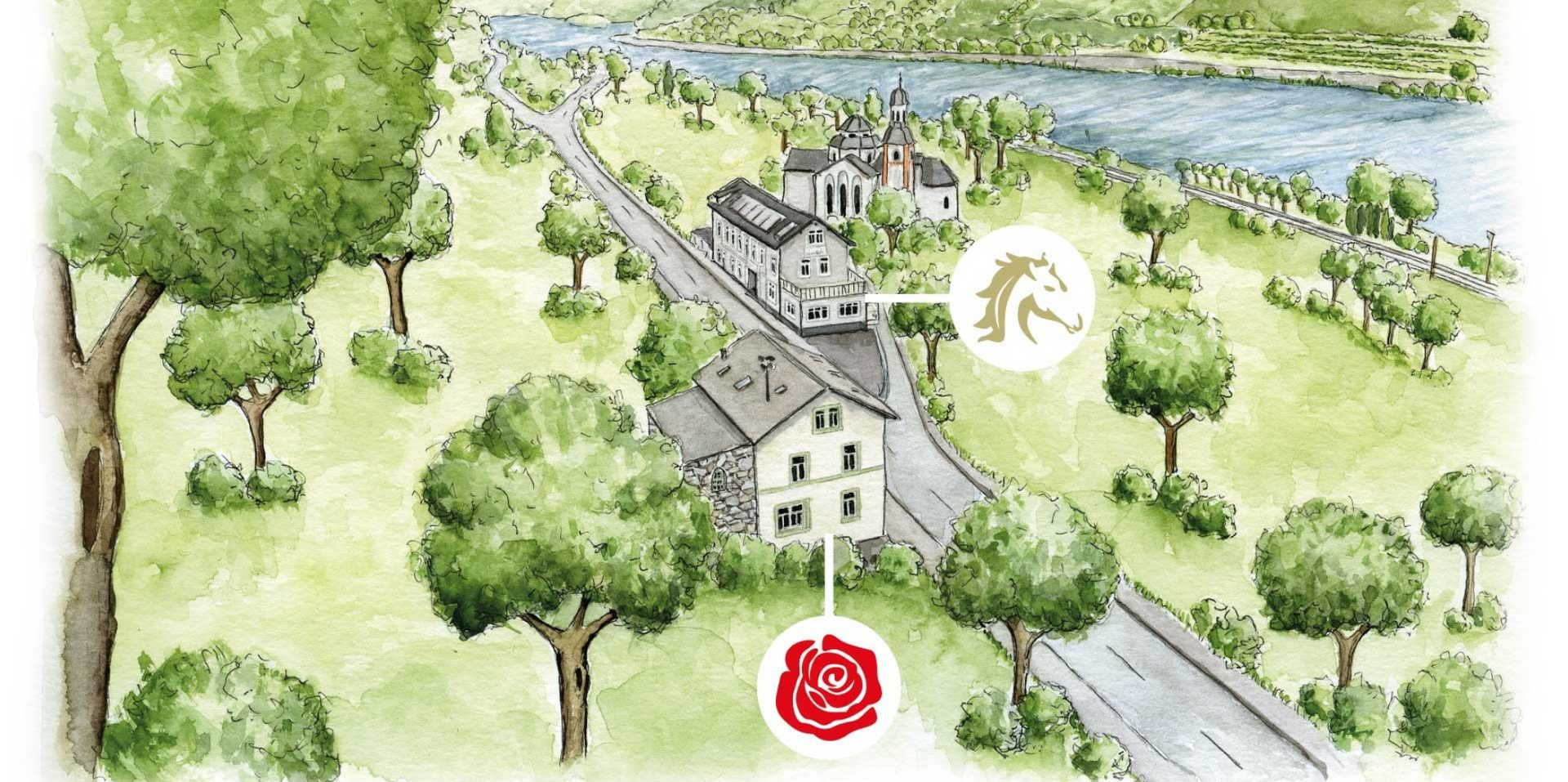 Eine Aquarellkarte zeigt Gebäude in der Nähe eines Flusses, die mit Pferde- und Blumensymbolen markiert sind, um auf lokale Sehenswürdigkeiten hinzuweisen.