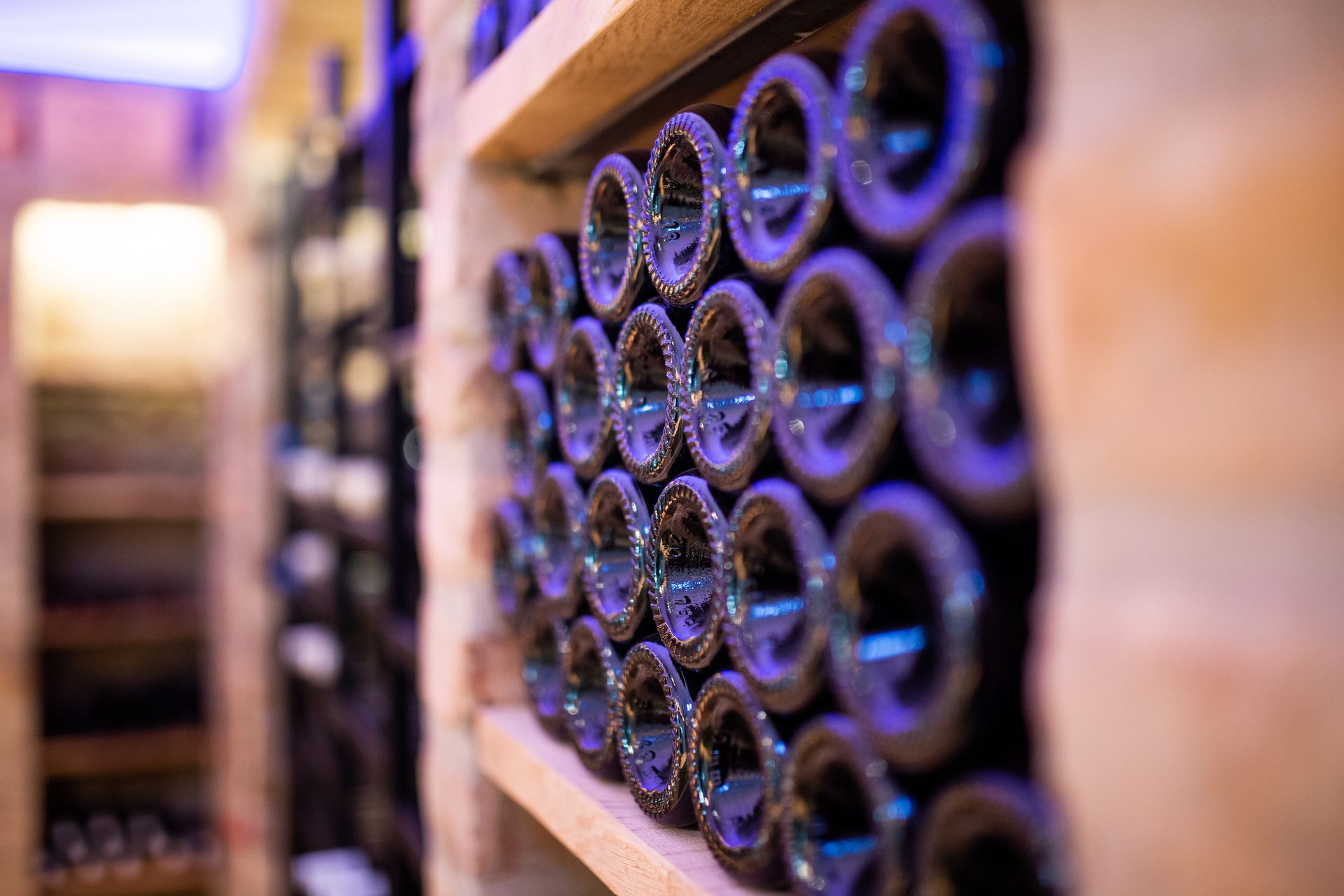 Weinflaschen liegend auf Holzregalen in einem schwach beleuchteten, stimmungsvollen Keller mit sanfter violetter Akzentbeleuchtung.