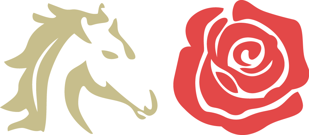 Eine goldene Silhouette eines Pferdekopfes neben einer roten Rosengrafik auf weißem Hintergrund.
