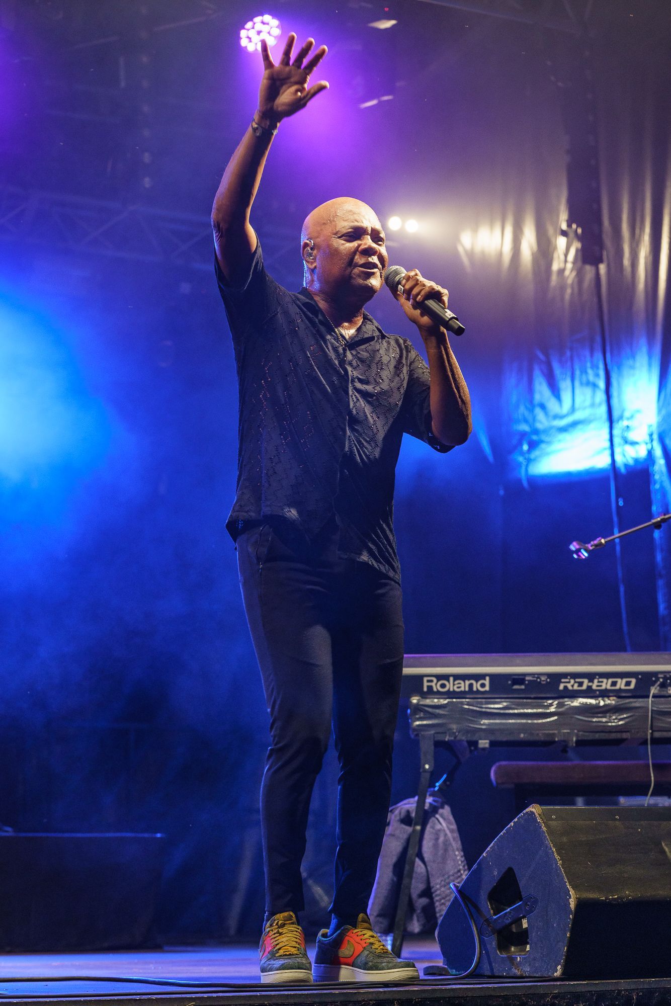 Une personne qui chante et qui lève le bras.