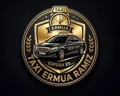 Logotipo circular dorado y negro de Taxi Ermua Ramos con un taxi negro y coronas de laurel.