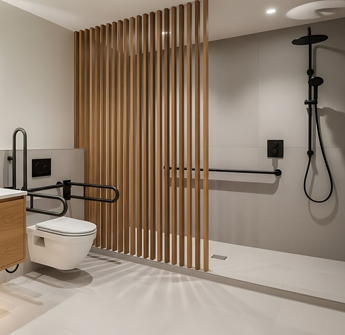 Toilettes d'une salle de bains avec une barre d'appui