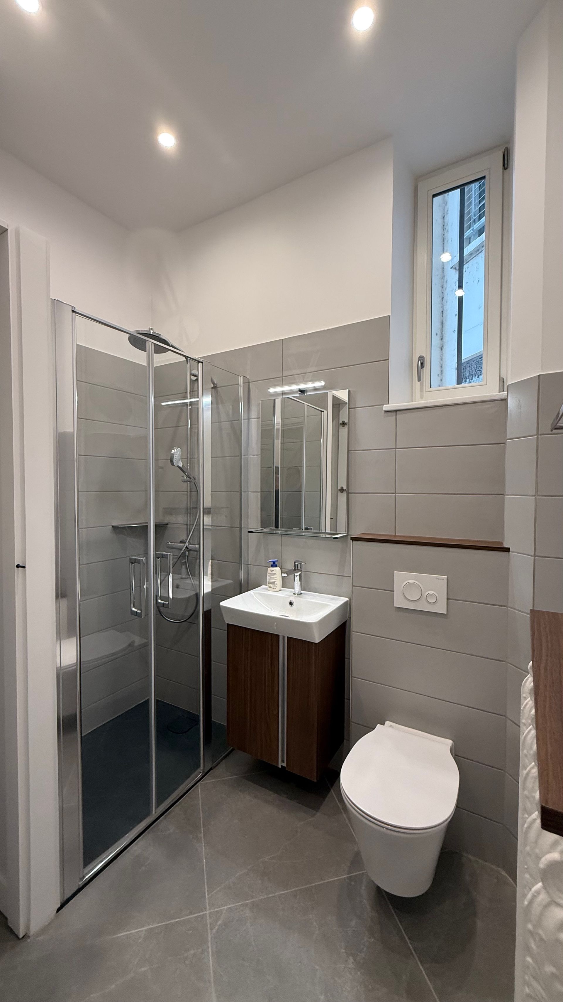 Salle de bains avec douche, WC et meuble vasque