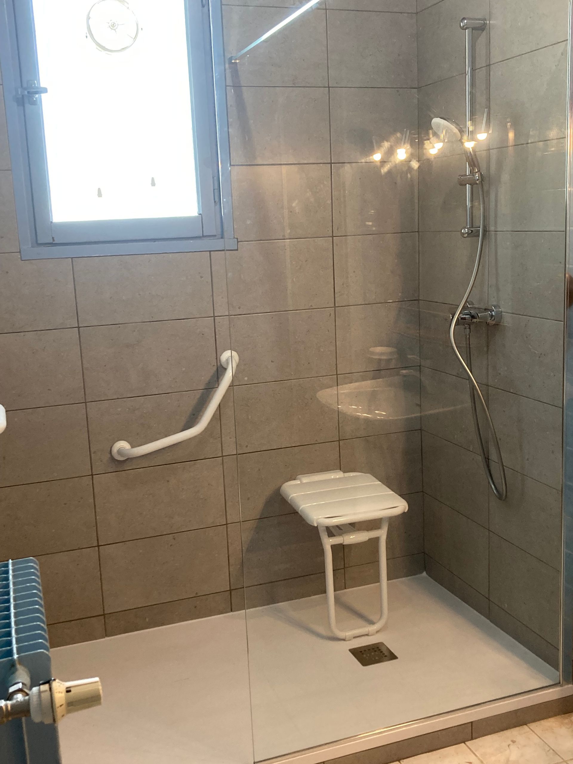 Toilettes et douche avec une barre d'appui
