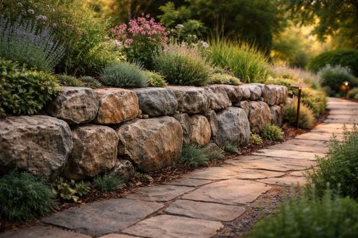 Allée de jardin en pierre sinueuse, bordée d’un mur de soutènement en pierres empilées et d’une végétation luxuriante au coucher du soleil