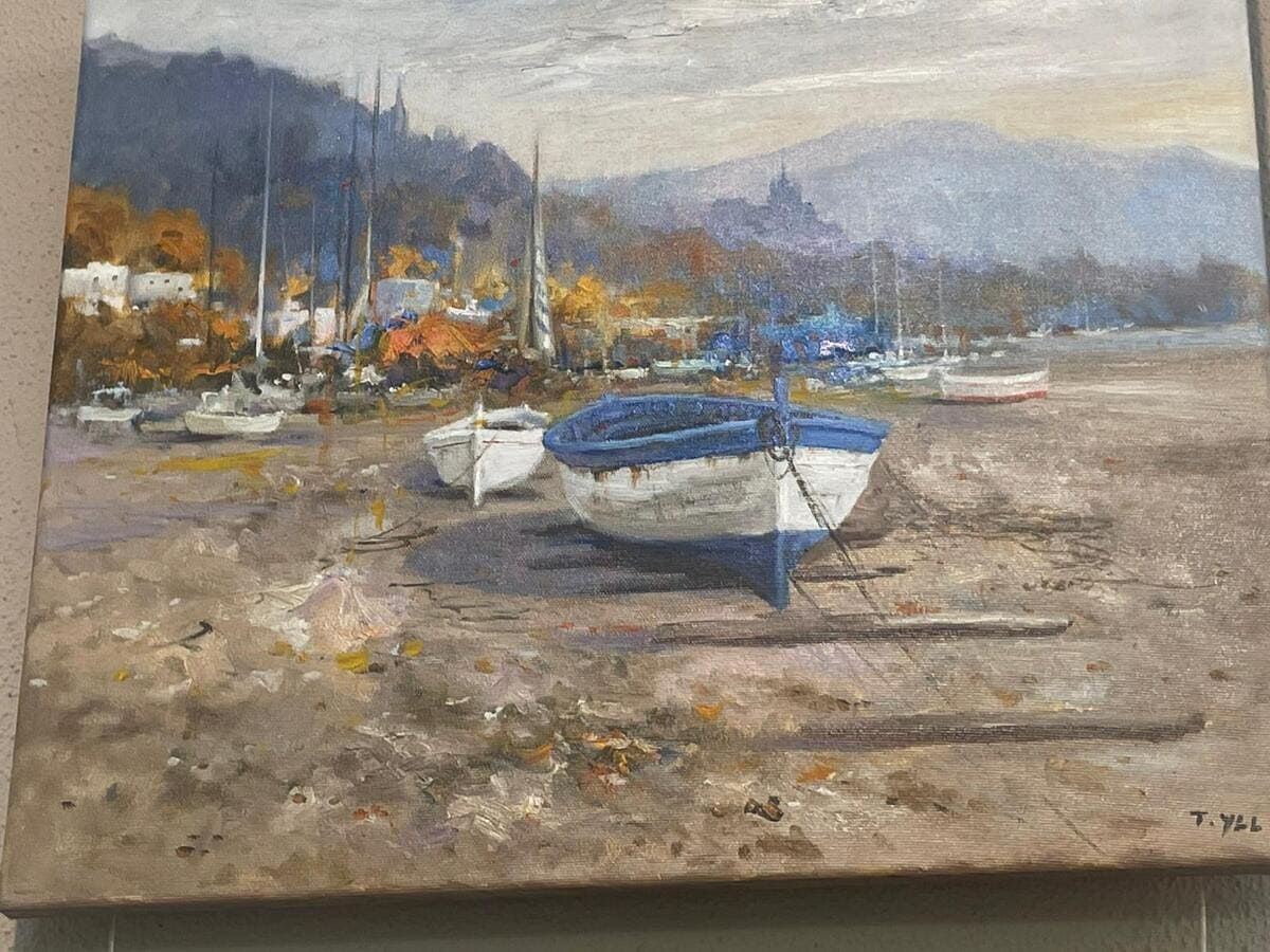 Barcos varados en una orilla fangosa junto a aguas tranquilas, con colinas y un pueblo al fondo.