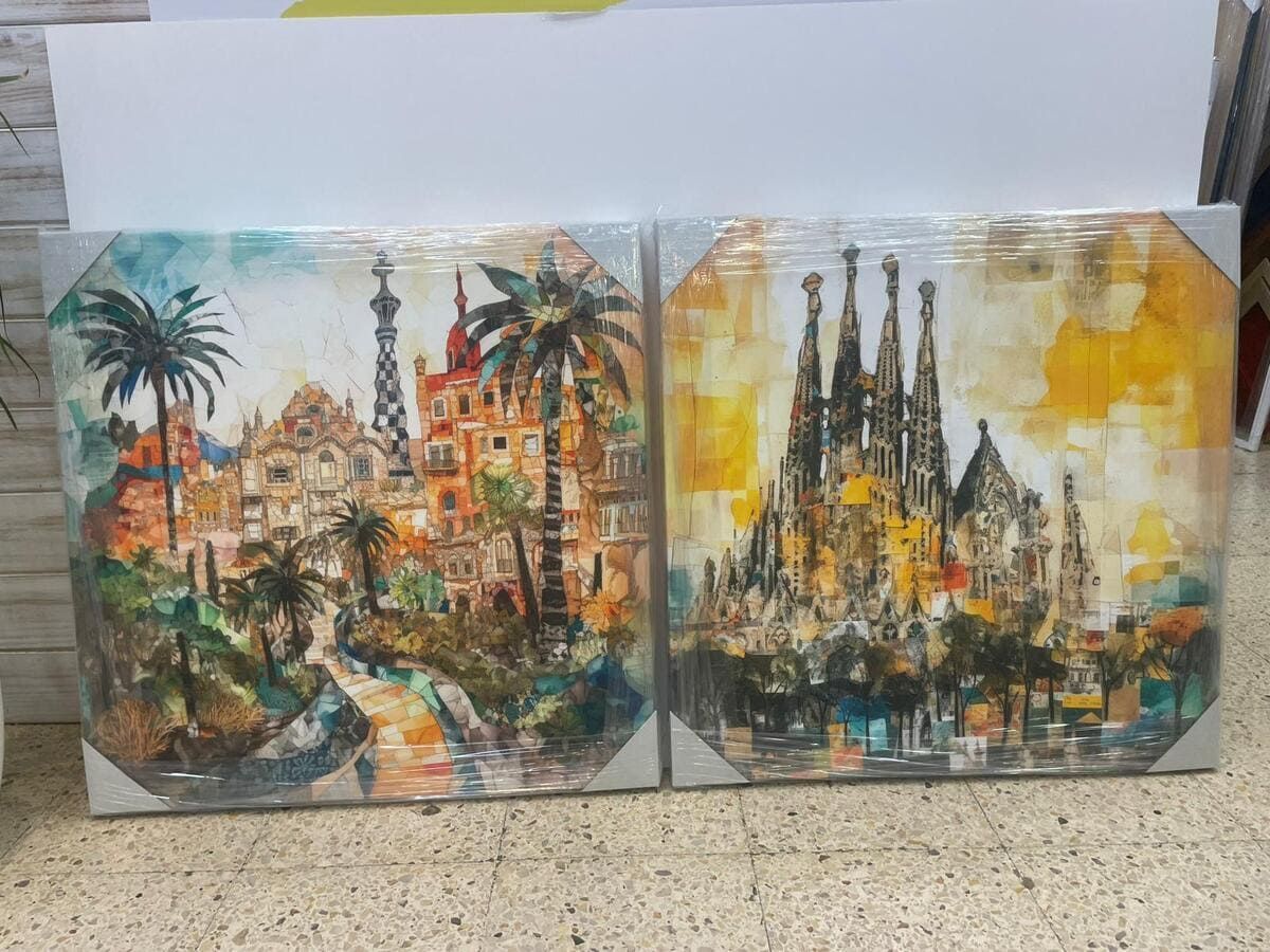 Dos coloridas pinturas abstractas de paisajes urbanos con palmeras, torres y cálidos tonos de atardecer.