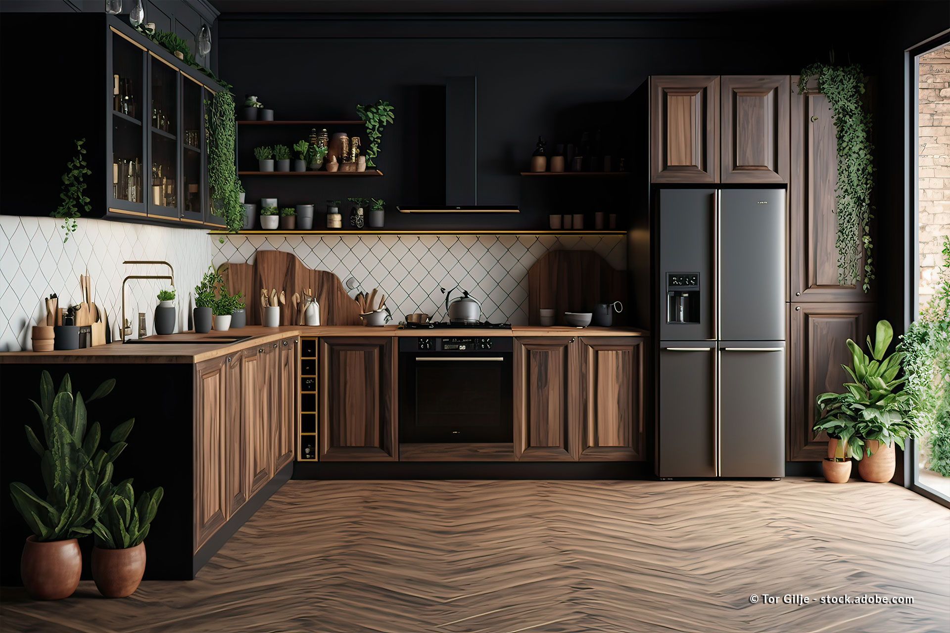 Küche mit Holzfronten und modernen dunklen Elementen  | Verlinkung zu Seite