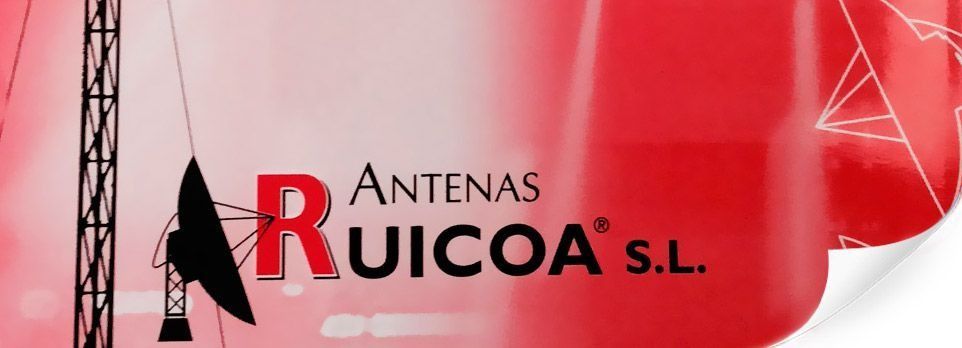 Logotipo de Antenas Ruicoa SL en rojo y negro, incluye una ilustración de una antena parabólica.