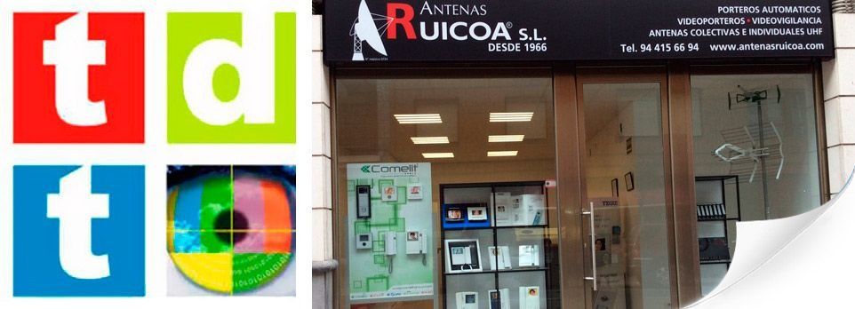 Fachada con un logo colorido. El nombre de la tienda es Antenas Ruicoa.