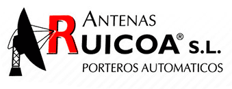 Logotipo de Antenas Ruicoa SL, ilustración de antena negra y letra R roja. El texto incluye "Antenas" y "Porteros automaticos".