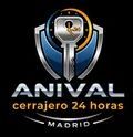 Logotipo de Anival Cerrajero 24 Horas, Madrid. Llave dentro del escudo con reloj y texto plateado sobre fondo negro.