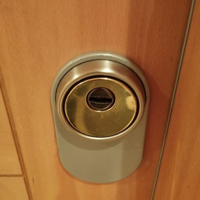 Cerradura de latón y gris en una puerta de madera.