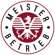 Meister Betrieb Logo mit rotem Adleremblem und schwarzem Kreistext auf weißem Hintergrund