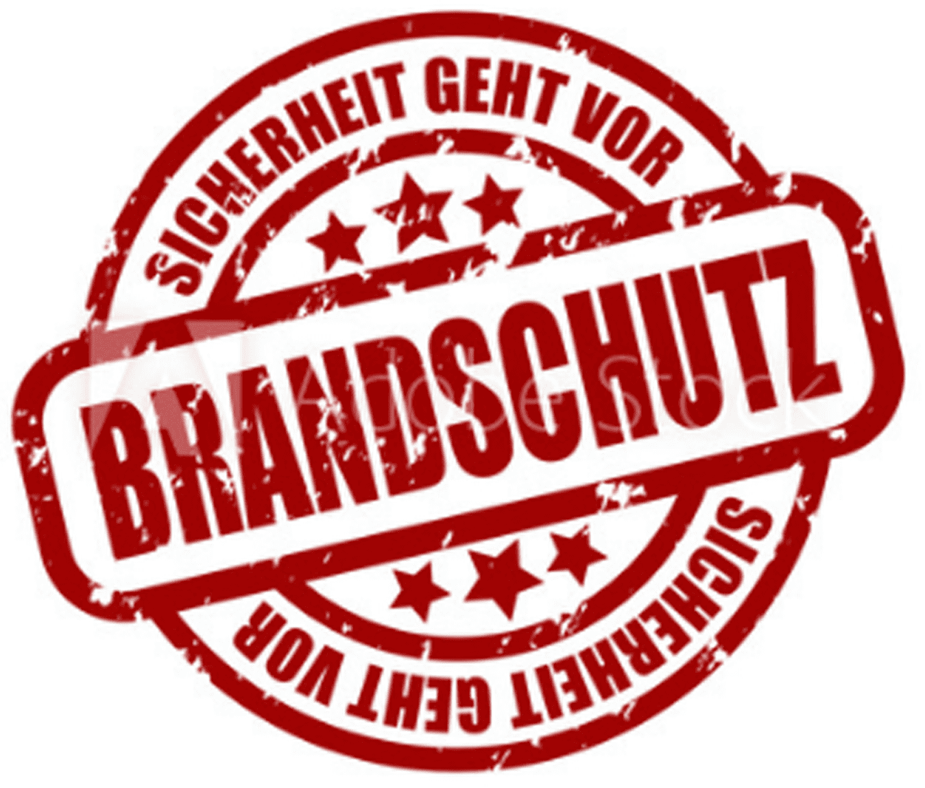 Red circular fire safety stamp with bold German text “BRANDSCHUTZ” and “SICHERHEIT GEHT VOR” on white background