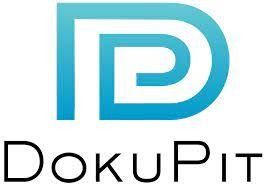 DokuPit-Logo mit blauem, stilisiertem „DP“-Symbol über schwarzem Text