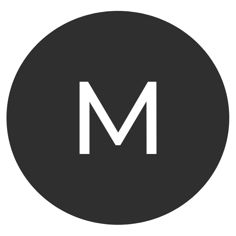 La letra m está en un círculo negro sobre un fondo blanco.