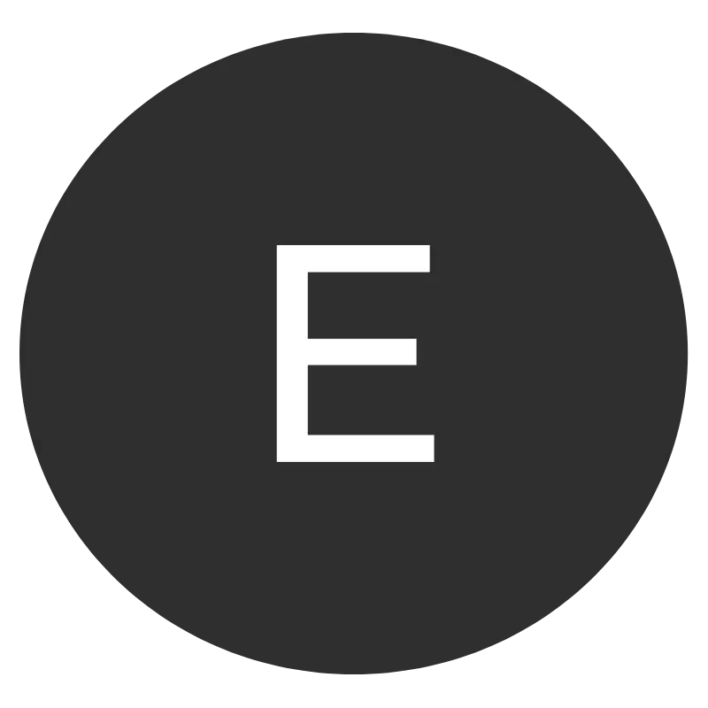 La letra e está en un círculo negro sobre un fondo blanco.