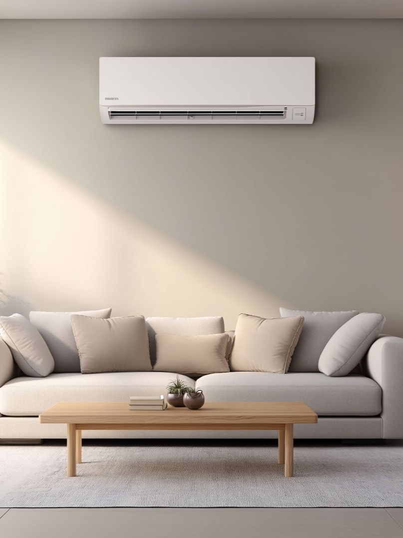 Climatiseur mural blanc au-dessus d'un canapé avec des coussins, dans un salon.